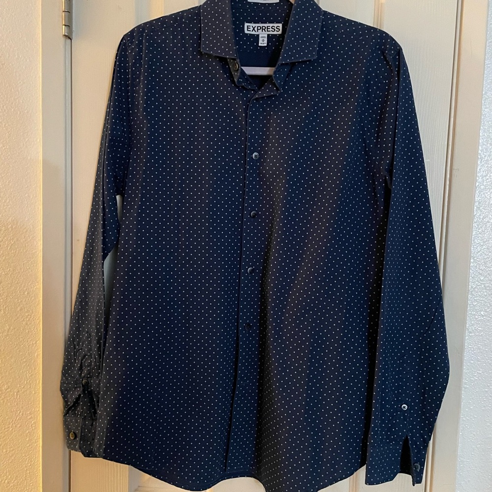 Express Men's Blue and White Polka Dot Shirt